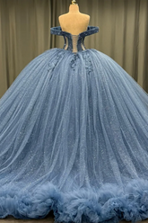 Ball Gownoff Shoulder Sleeveless Fully Beaded Appliques Pleated Lace Up Sparkly Blue Tulle Quinceanera Dress Formal Evening Gown For Sweet 16